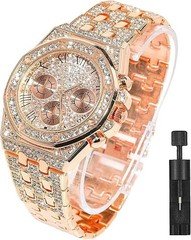 Diamond Iced Out Watch CZ Gold Plated 40mm Width Roman Numerals Dial Quartz 