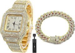 Diamond Iced Out Watch CZ Gold Plated 40mm Width Roman Numerals Dial Quartz 