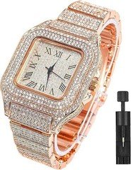 Diamond Iced Out Watch CZ Gold Plated 40mm Width Roman Numerals Dial Quartz