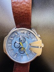 Diesel Original DZ4281 Mega Chief Men's Silver Brown Leather Strap Watch 51mm