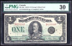 Dominion Of Canada 1923 $1 One Dollar Banknote PMG Grade VF30 Black Seal Group 3