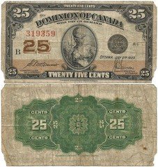 DOMINION of CANADA, Series of 1923 "SHINPLASTER" 25¢ NOTE Middle of 3 SIGNATURES
