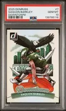 This is a picture showing 2025 PANINI DONRUSS DOWNTOWN! #7 SAQUON BARKLEY PSA 10