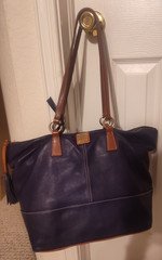 Dooney & Bourke Blue Solid Shoulder Bag Brown Strap Tassel Zip Gold Hardware
