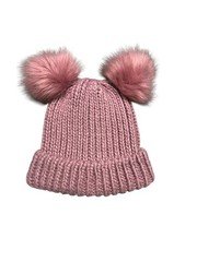 Double Pom-Pom cable knit beanie. Pink. Faux fur