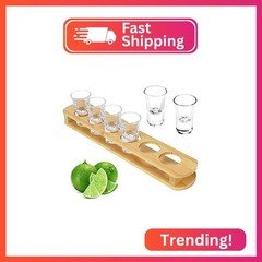 D&Z 1 oz Shot Glasses with Holder, Shot Glass Set in Bamboo Wooden Shot Tray, 6