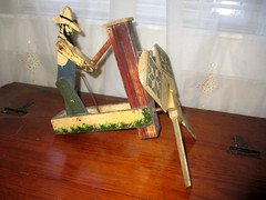 Early 1900s American Folk Art Farmer at Water Pump Whirligig Carved Wood