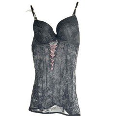 Elegant Black Lace Chemise size XL back pink Lace up stretch