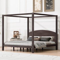 Elegant Modern King Size Canopy Platform Bed Solid Wood Frame With Headboard NEW
