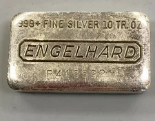 This is a picture showing Engelhard 10 Troy Ounce 999+ Fine Silver Bar P419592 L23762