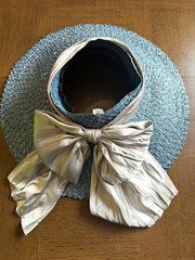 Eugenia Kim Blue Straw Wide Brim Sun Hat Silver Satin Bow Derby Kentucky USA