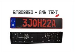 European License Plate, CUSTOM TEXT, EMBOSSED, German BLACK MATTE, RED TEXT -new