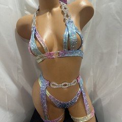 Exotic Dancer Stripper 3 PCS Piece With Thong &Pink Rainbow