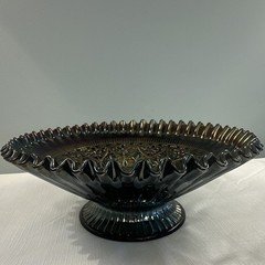 Fenton Black Iridescent Carnival Glass Floral Pedestal Compote Bowl Round