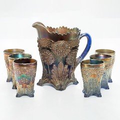 Fenton Carnival Glass 7 Piece Pitcher & Cup Set - Tree Design Twilight Blue
