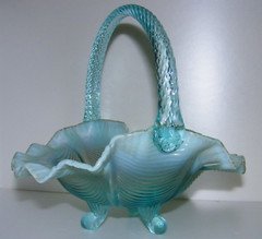 Fenton Three Toed Footed Basket Dish Bowl Aqua Blue Opalescent Curtain Drape 2nd