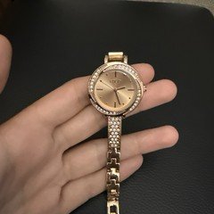 Folio Women’s rose gold tone bracelet watch with a crystal-embellished bezel
