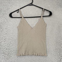 Free People Intimately Cami Tank Top Womens M/L Beige Ribbed Lettuce Trim Knit