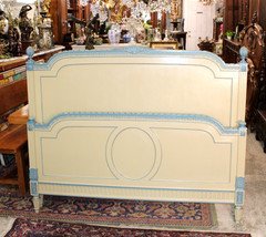 French Antique Louis XVI Painted Frame Soft Cream Powder Blue Queen Size Bed