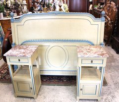 French Antique Louis XVI Painted Light Blue Queen Size Bed & 2 Nightstands Set