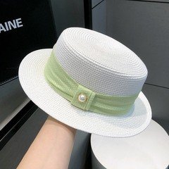 French Flat Top Pearl Boater Straw Hat Women Beach Casual Sun Protection Cap