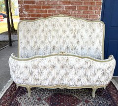 French Louis XV Full Size Bed Painted Frame with New Tufted Upholstery | White