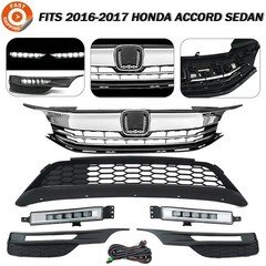 Front Bumper Grille & LED Fog Lights Set Fits 2016-2017 Honda Accord Sedan