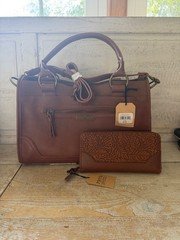 Frye and Co Embossed Floral Leather Satchel in Cognac Brown With matching wallet