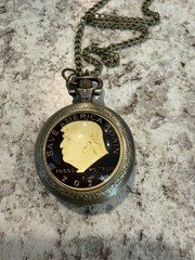 Full Hunter Bronze Tone Coin Design Pocket Watch w/ Chain Quartz White Dial