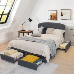 Full Platform Bed Frame with 4 Storage Drawers Adjustable Headboard Grey