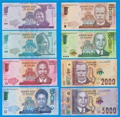 FULL Set Malawi 8 Notes, from 20 to 5000 Kwacha, All UNC  Year from 2000 to 2024