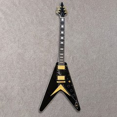 Full Size 6-string V Solid Body Electric Guitar Black Gloss Finish Gold Hardware