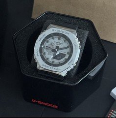 G-SHOCK CasiOak Silver Metal Bezel Black Band Watch