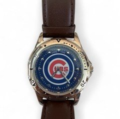 Game Time Chicago Cubs Logo Dial Quartz Analog Watch Brown Leather Strap