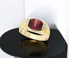 Garnet Cushion Cut With 14K Solid   Gold  Ring For Men's #E36