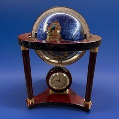 Gemstone Inlay Globe With Excelsior Quartz Clock & Wood Finished Stand 13”