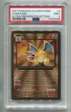 This is a picture showing 2021 POKEMON CELEBRATIONS 25TH ANNIV. UPC CHARIZARD #4 GOLD METAL PROMO PSA 9
