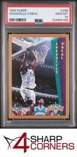 This is a picture showing 1992 FLEER #298 SHAQUILLE O'NEAL RC MAGIC HOF PSA 10