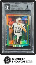 This is a picture showing TOM BRADY BGS 9 2000 BOWMAN CHROME #236 ROOKIE REFRACTOR RC PATRIOTS MINT