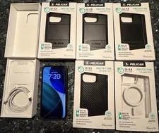 This is a picture showing Apple iPhone 15 Pro 512GB Factory Unlocked 5G Black w/ Box & 6 Pelican Cases