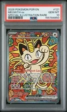 This is a picture showing 2026 POKEMON POR EN-PERFECT ORDER SPECIAL ILLUSTRATION RARE MEOWTH EX PSA 10