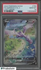 This is a picture showing 2022 Pokemon SWSH Lost Origin #180 FA Aerodactyl V PSA 10 GEM MINT