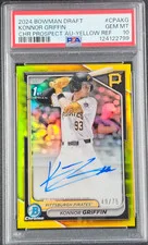 This is a picture showing KONNOR GRIFFIN 2024 BOWMAN DRAFT CHROME 1ST AUTO YELLOW REFRACTOR /75 PSA 10