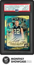 This is a picture showing CHRISTIAN MCCAFFREY PSA 2017 DONRUSS OPTIC #168 RATED ROOKIE AUTO GOLD VINYL 1/1