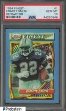 This is a picture showing 1994 Topps Finest Refractor #1 Emmitt Smith Cowboys HOF PSA 10 GEM MINT