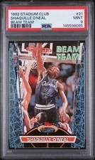 This is a picture showing 1992 TOPPS STADIUM CLUB BEAM TEAM #21 SHAQUILLE O'NEAL ROOKIE RC PSA 9
