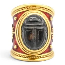 This is a picture showing  DESIGNER ELIZABETH GAGE LABRADORITE ENAMEL SCARAB TEMPLAR RING 18K YELLOW GOLD 