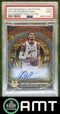 This is a picture showing Victor Wembanyama PSA 9 2022 Bowman University Inception 3/50 Auto Gold Foil RC