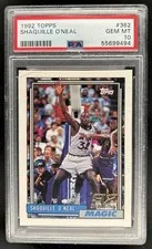 This is a picture showing 1992-93 Topps Shaquille O'Neal Rookie RC #362 Magic PSA 10 GEM MINT