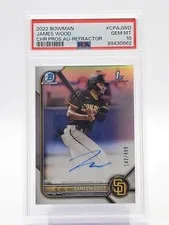 This is a picture showing JAMES WOOD 2022 BOWMAN CHROME 1ST AUTOGRAPH REFRACTOR /499 AUTO PSA 10 Q2167